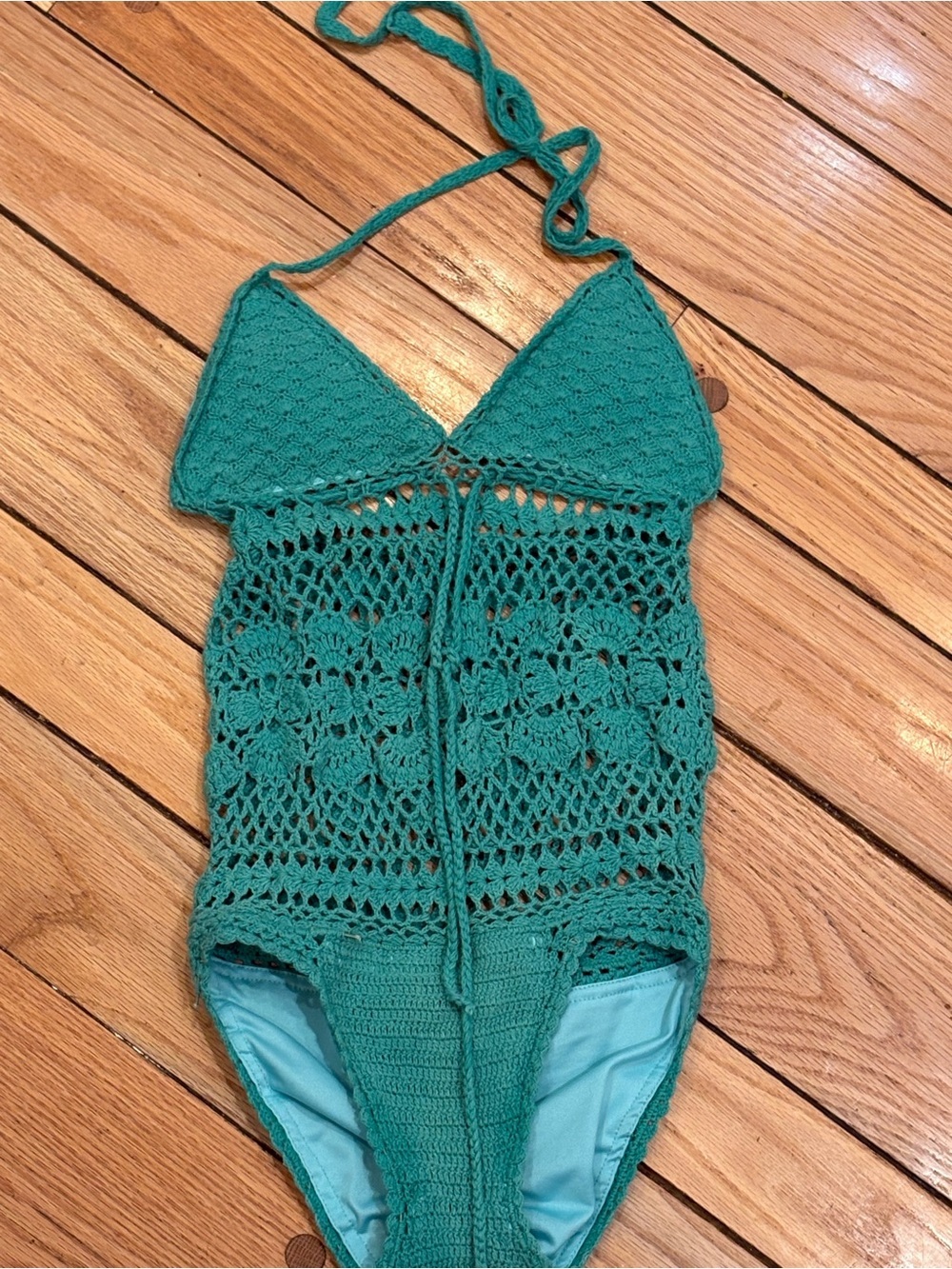 Beauty and the Beach Crochet Boho Hippie One-Piece Swim Suit in Teal XS